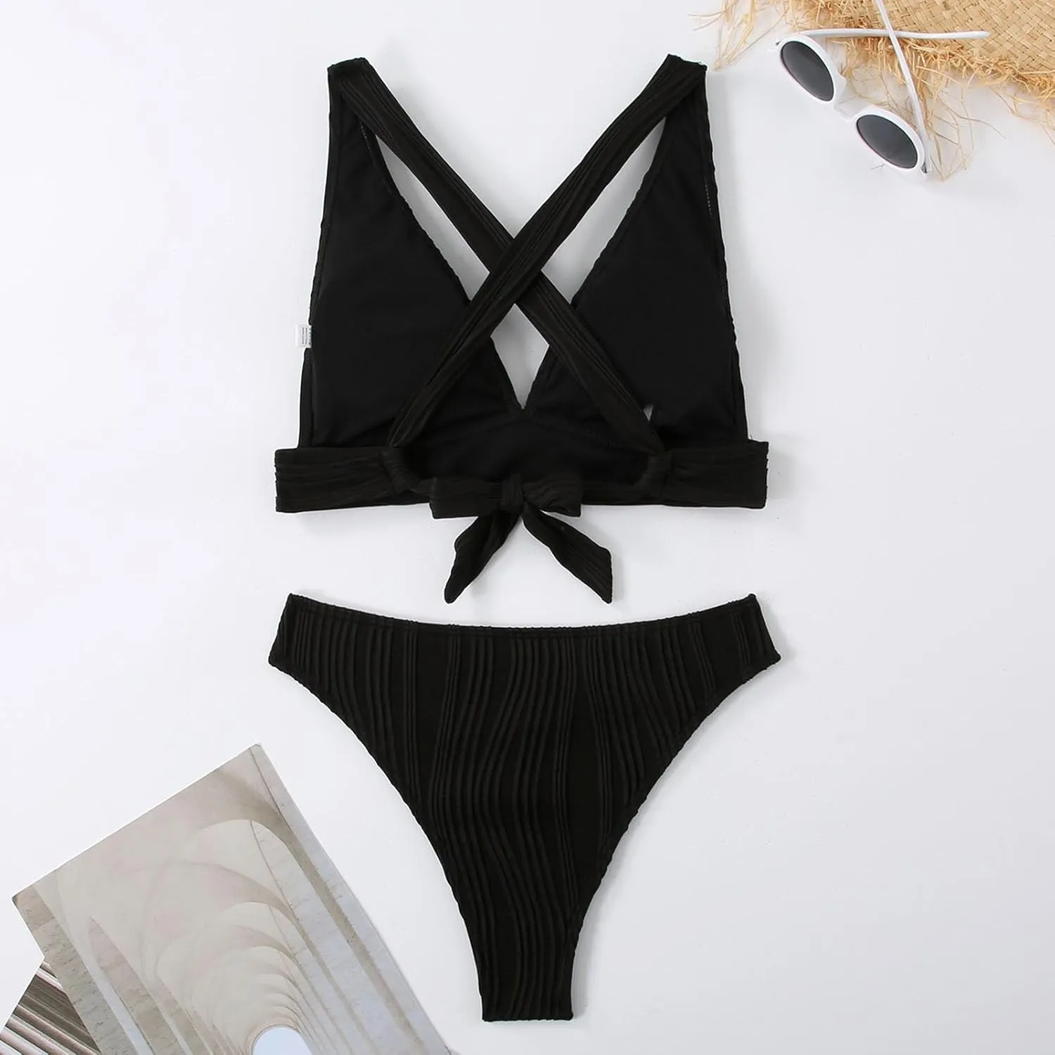 jsaierl Womens Sexy Bikini Sets Triangle Push Up Ribbed Swimsuits Back Crossover High Leg Bathing Suits Summer Swimwear