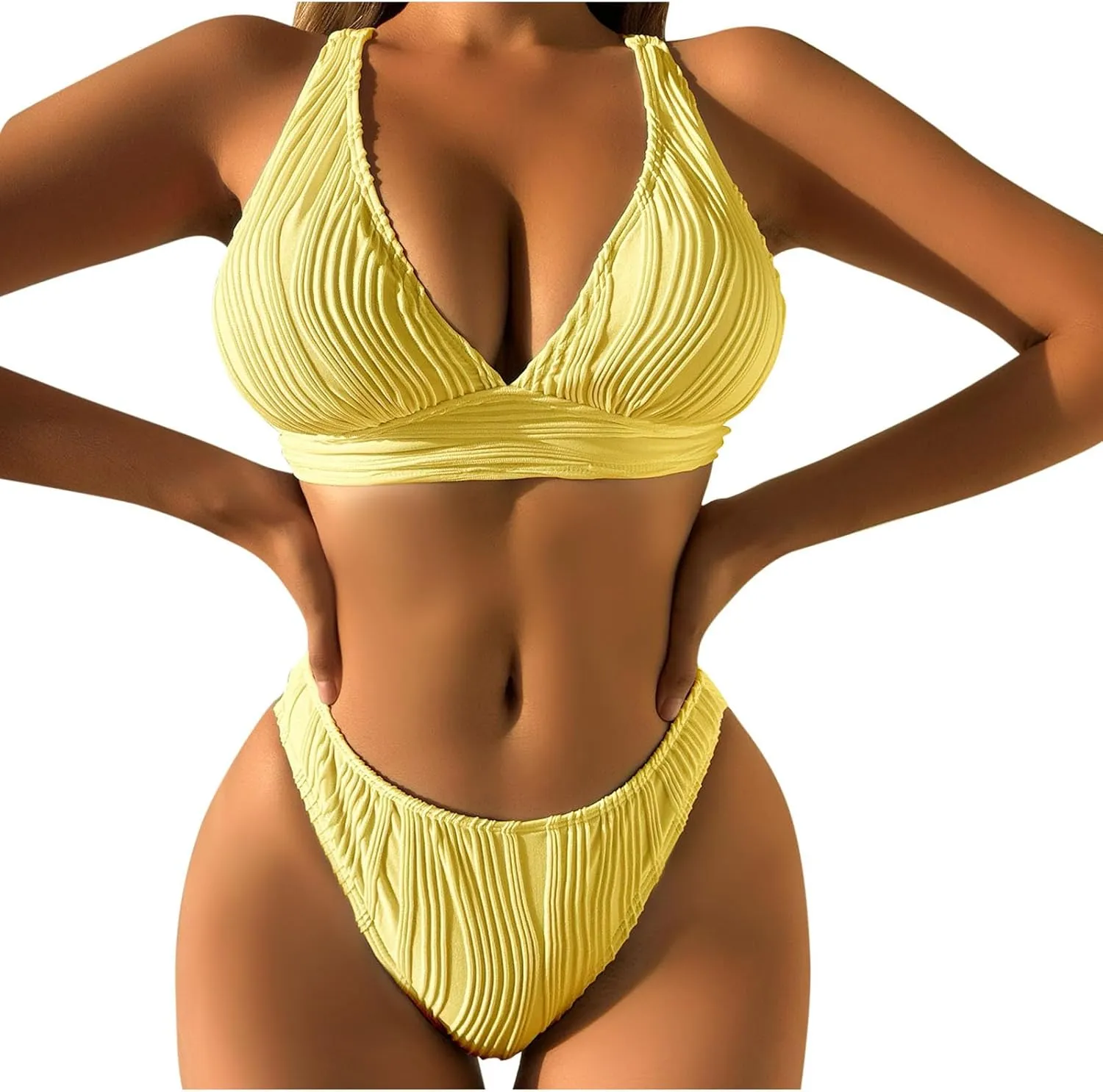 jsaierl Womens Sexy Bikini Sets Triangle Push Up Ribbed Swimsuits Back Crossover High Leg Bathing Suits Summer Swimwear