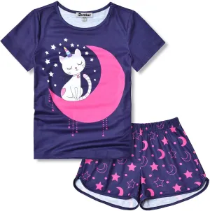 Jxstar Classic Girls Short-Sleeved Pajamas Two-Piece Summer Pj Sets 3-13Y
