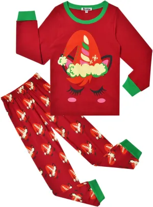 Jxstar Girls Christmas Pajamas Santa Unicorn Pj Set Cotton Pjs Long Sleeve Sleepwear…