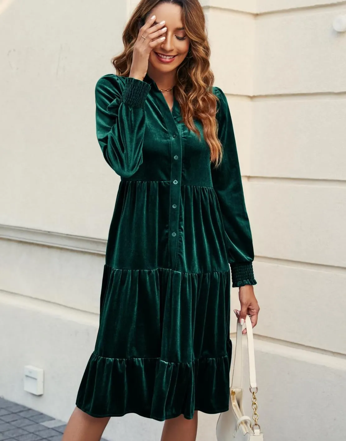 Kedera Women's Elegant Velvet Dress V Neck Tiered Babydoll Aline Flowy Formal Wedding Bridesmaid Dresses