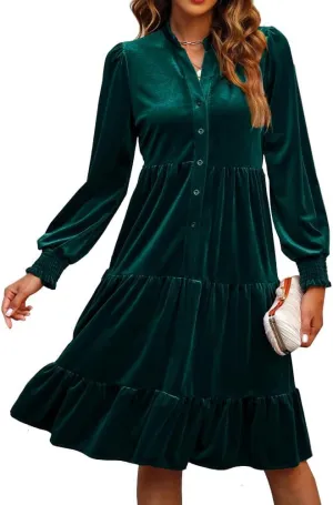 Kedera Women's Elegant Velvet Dress V Neck Tiered Babydoll Aline Flowy Formal Wedding Bridesmaid Dresses