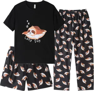 Kids Girls Pajama Sets Summer Short Sleeve With Shorts And Pants 3PCS Sleepwear Cute Cartoon Loungewear 6 to 17 Years