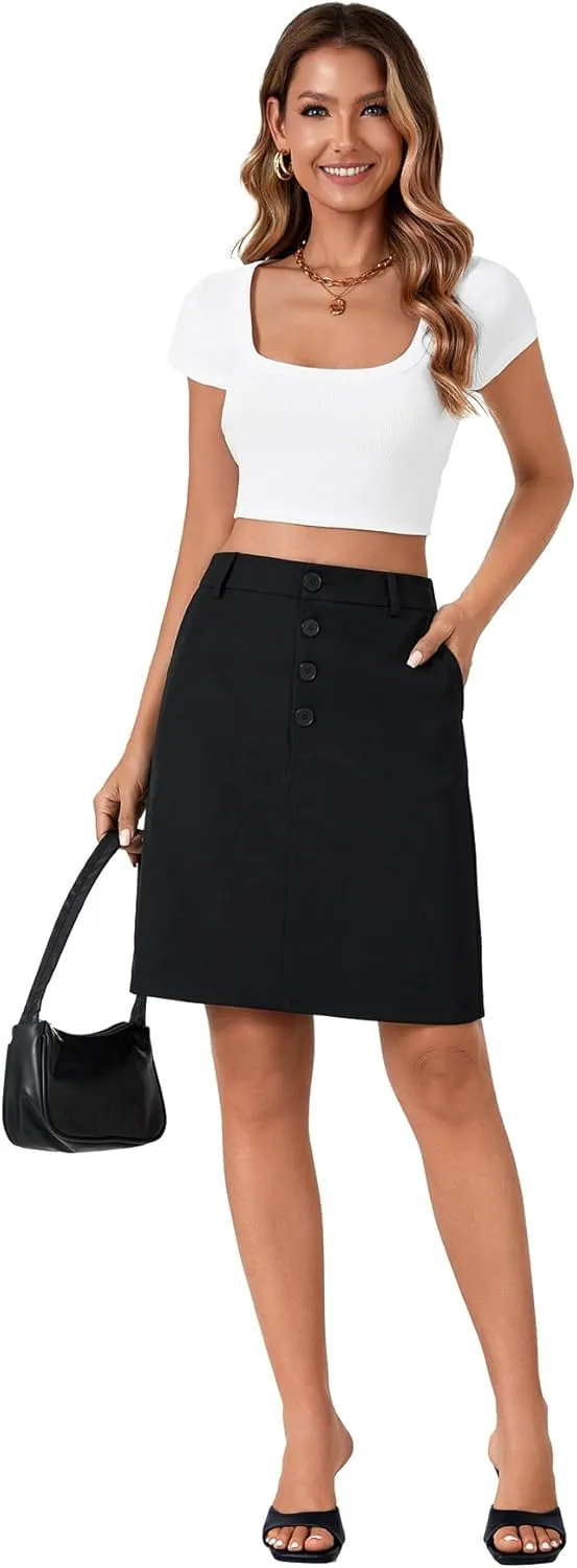 KIFOVEN Women’s Casual High Waist Knee Length Skirt Button Basic Elastic Straight Business Suit Skirt with Pockets