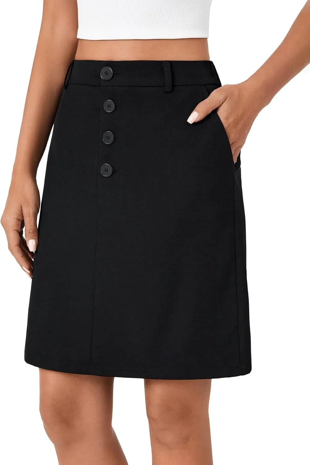KIFOVEN Women’s Casual High Waist Knee Length Skirt Button Basic Elastic Straight Business Suit Skirt with Pockets