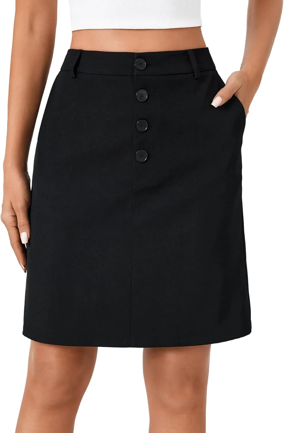 KIFOVEN Women’s Casual High Waist Knee Length Skirt Button Basic Elastic Straight Business Suit Skirt with Pockets