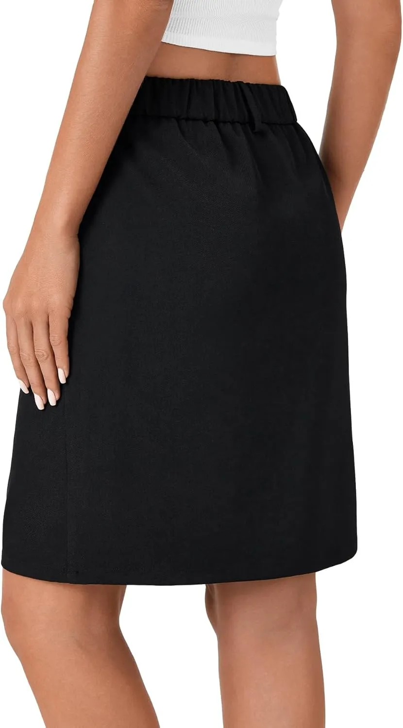 KIFOVEN Women’s Casual High Waist Knee Length Skirt Button Basic Elastic Straight Business Suit Skirt with Pockets