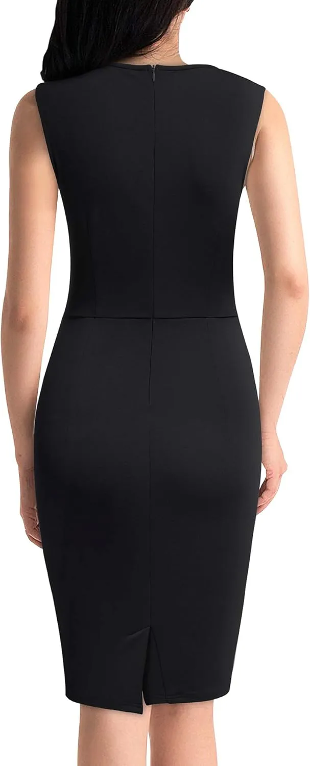 Knitee Women's Retro Business Sleeveless Ruffle Ruched Bodycon Cocktail Dress