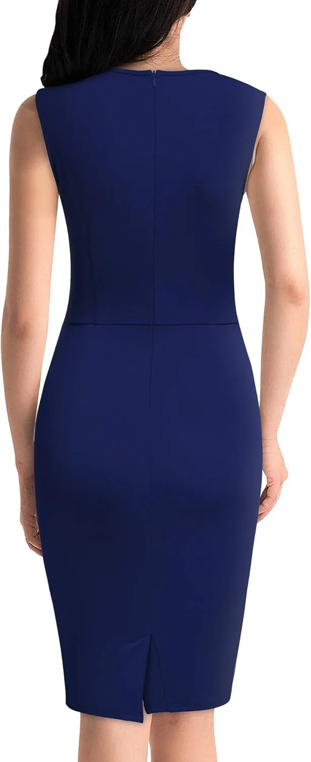 Knitee Women's Retro Business Sleeveless Ruffle Ruched Bodycon Cocktail Dress