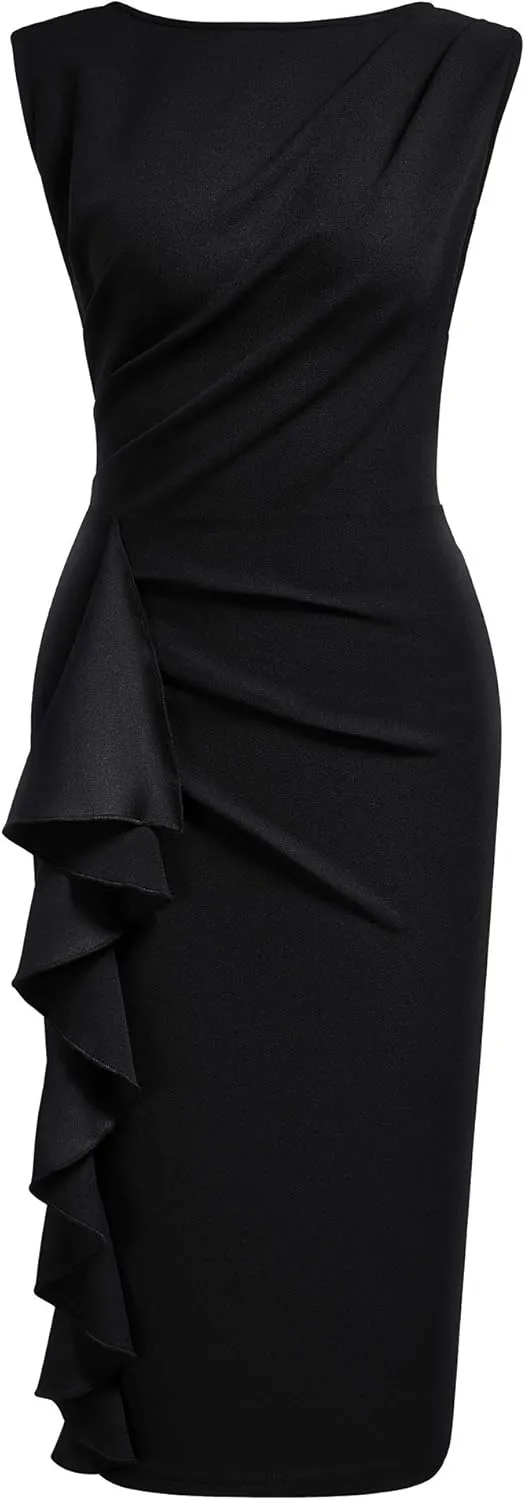 Knitee Women's Retro Business Sleeveless Ruffle Ruched Bodycon Cocktail Dress