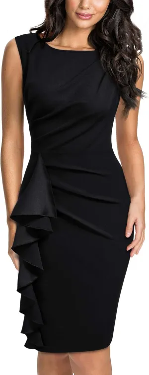 Knitee Women's Retro Business Sleeveless Ruffle Ruched Bodycon Cocktail Dress