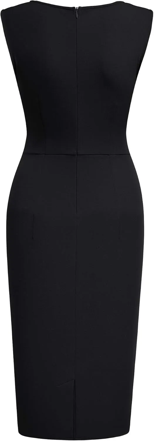 Knitee Women's Retro Business Sleeveless Ruffle Ruched Bodycon Cocktail Dress
