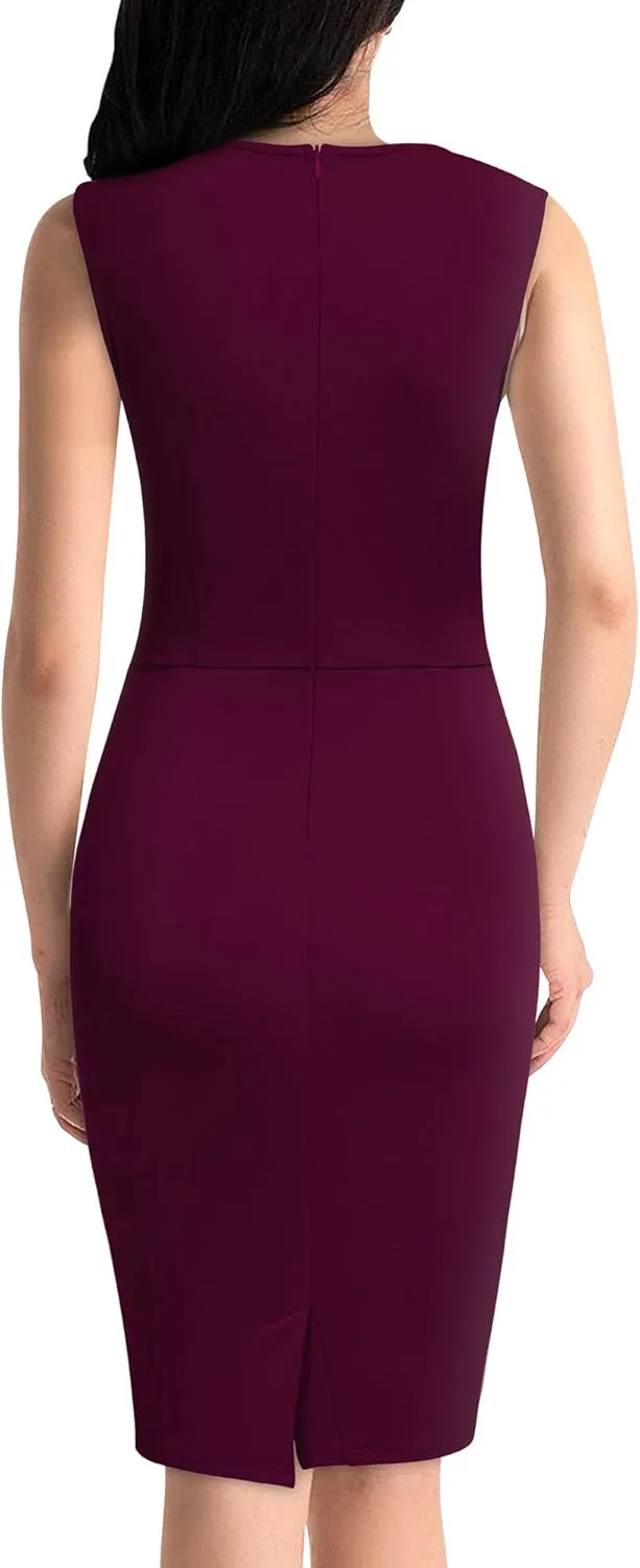 Knitee Women's Retro Business Sleeveless Ruffle Ruched Bodycon Cocktail Dress