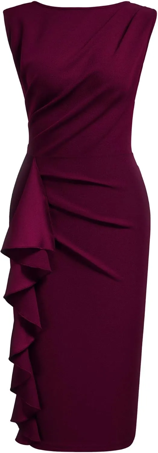 Knitee Women's Retro Business Sleeveless Ruffle Ruched Bodycon Cocktail Dress