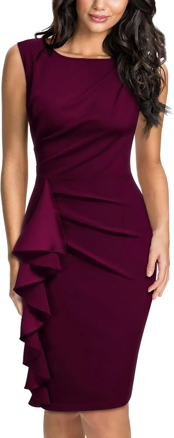 Knitee Women's Retro Business Sleeveless Ruffle Ruched Bodycon Cocktail Dress