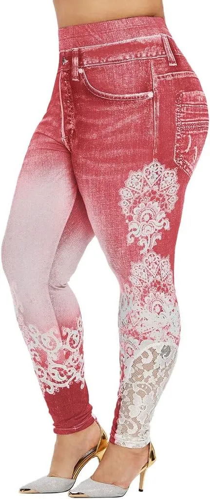 Lace Jean Leggings Women Butterfly Printed Denim Pants High Waist Butt Lift Capri Stretch Trim Pencil Denim Pants Plus