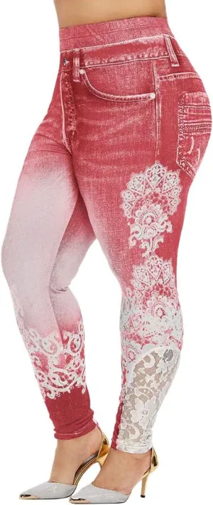 Lace Jean Leggings Women Butterfly Printed Denim Pants High Waist Butt Lift Capri Stretch Trim Pencil Denim Pants Plus