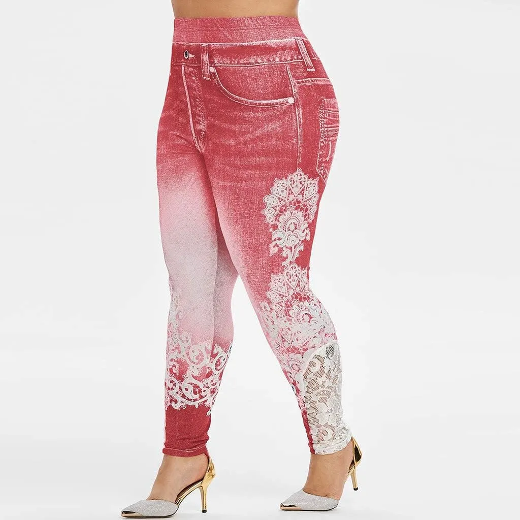 Lace Jean Leggings Women Butterfly Printed Denim Pants High Waist Butt Lift Capri Stretch Trim Pencil Denim Pants Plus