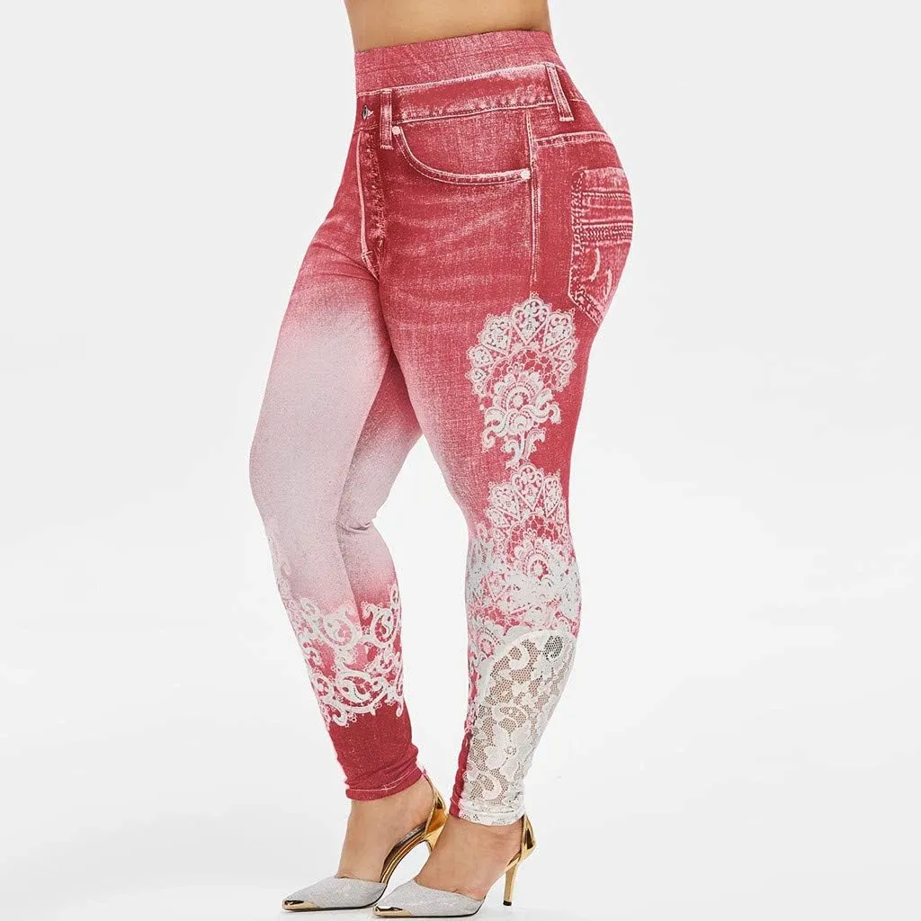 Lace Jean Leggings Women Butterfly Printed Denim Pants High Waist Butt Lift Capri Stretch Trim Pencil Denim Pants Plus