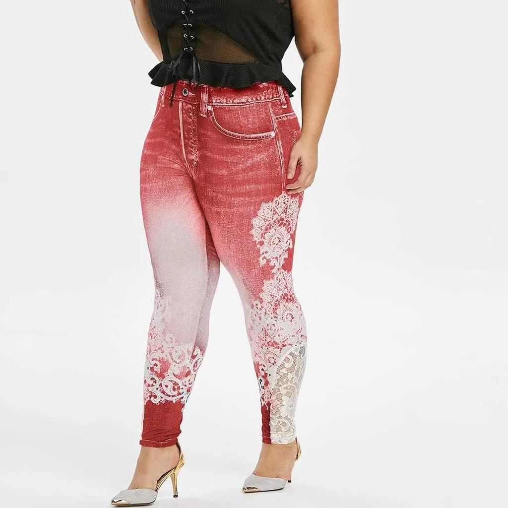 Lace Jean Leggings Women Butterfly Printed Denim Pants High Waist Butt Lift Capri Stretch Trim Pencil Denim Pants Plus