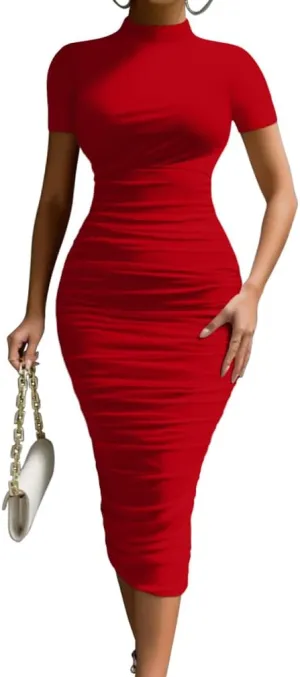 LAGSHIAN Women's Elegant Bodycon High Neck Short Sleeve Ruched Midi Cocktail Dress