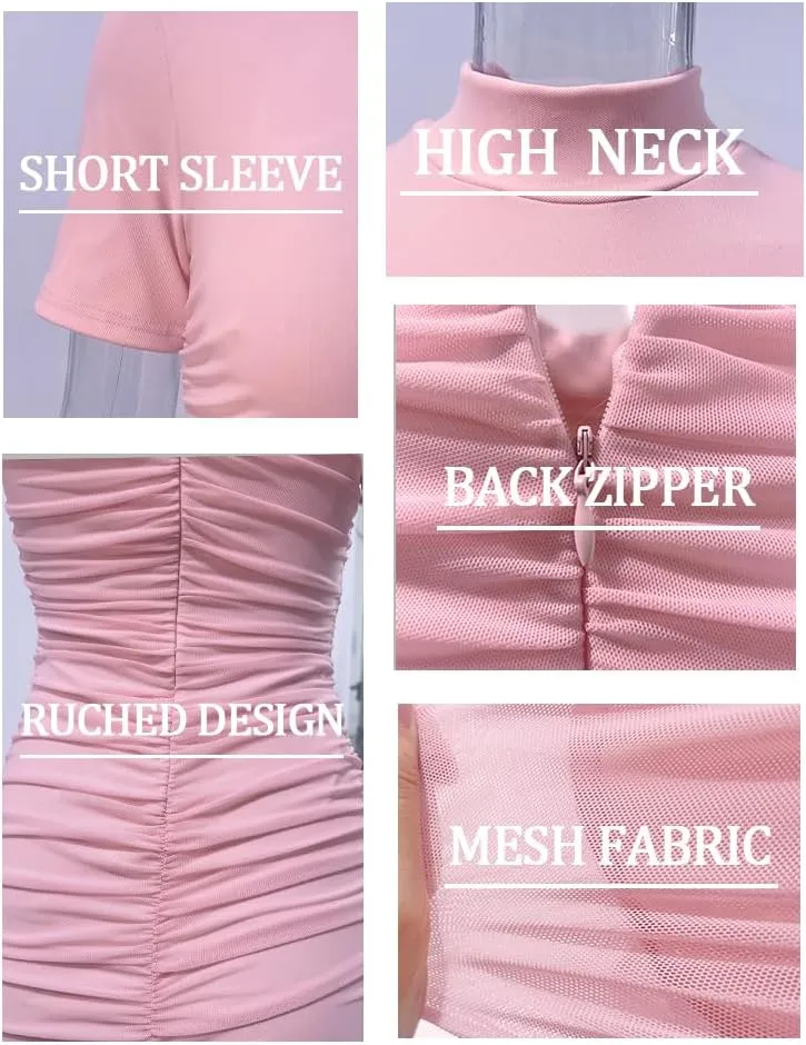 LAGSHIAN Women's Elegant Bodycon High Neck Short Sleeve Ruched Midi Cocktail Dress