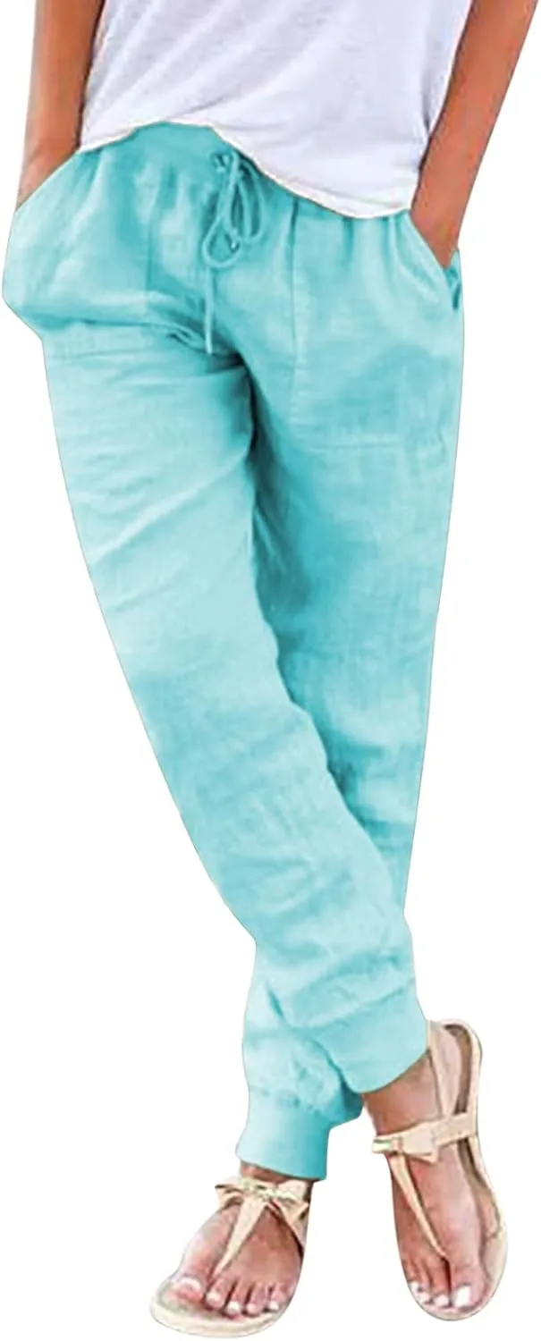 Linen Joggers for Women Tapered Ankle Pants Wide Leg Cargo Pants Drawstring Elastic Waist Casual Slacks with Pockets