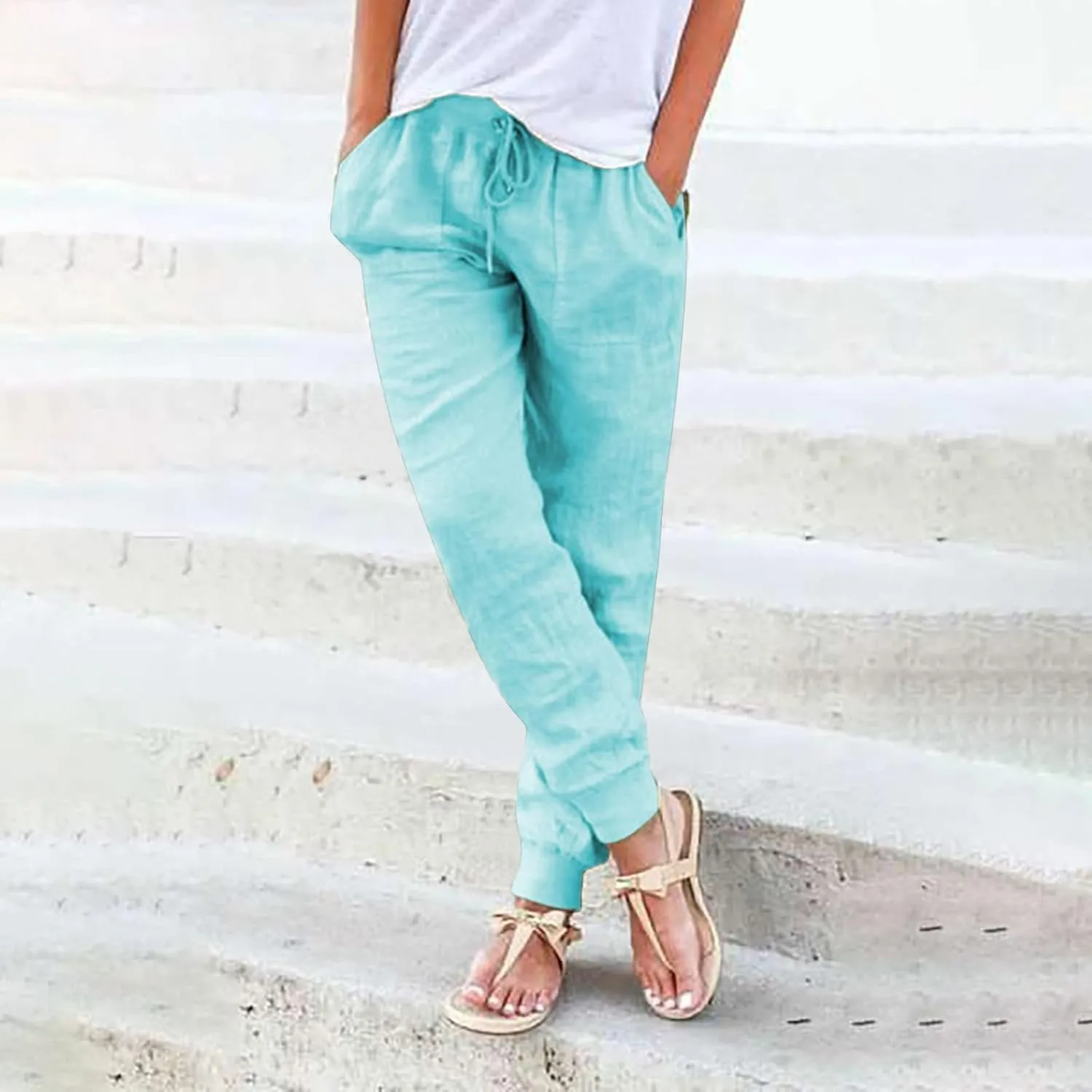 Linen Joggers for Women Tapered Ankle Pants Wide Leg Cargo Pants Drawstring Elastic Waist Casual Slacks with Pockets