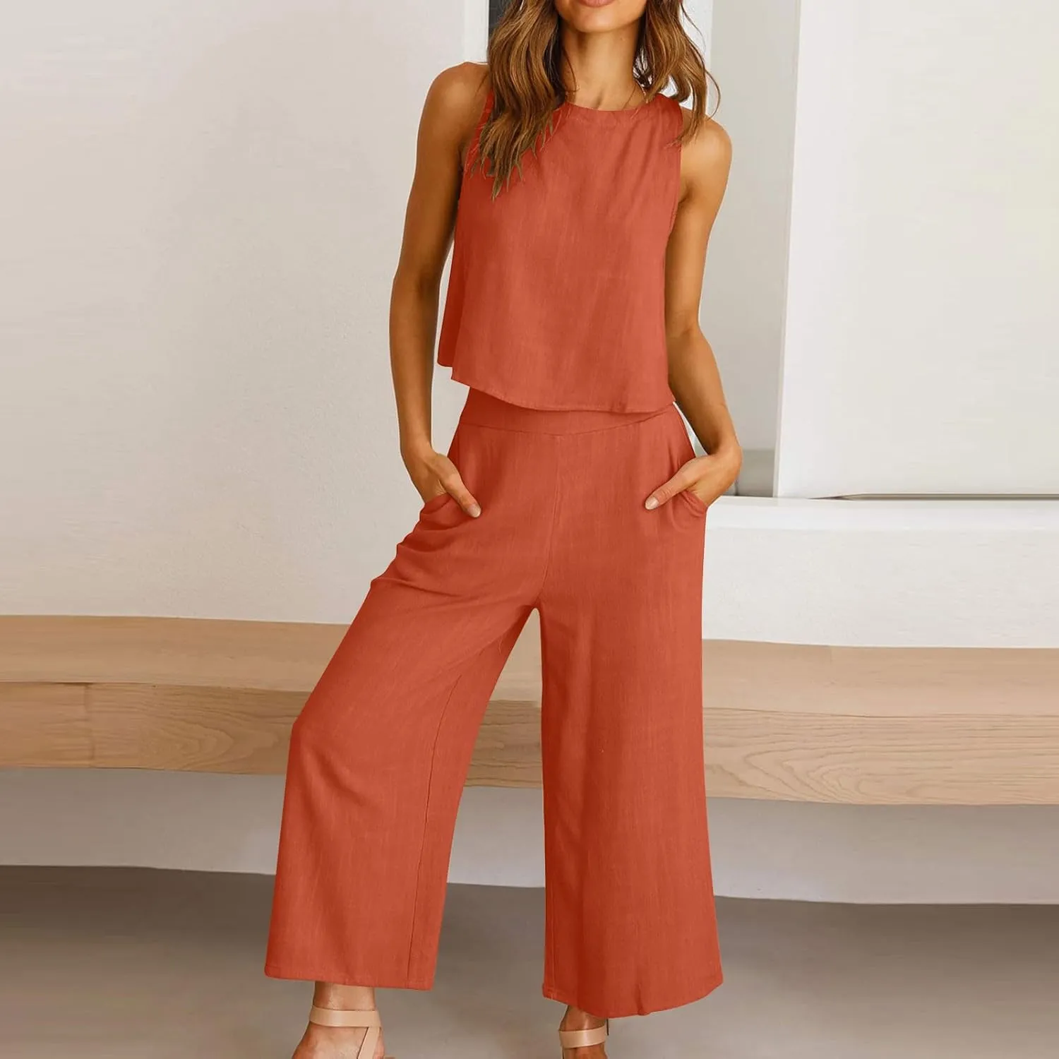 Linen Outfits Women 2 Piece Plus Size Sleeveless CropTank Capri Wide Leg Pant Jumpsuit Lounge Beach Vacation Boho Set