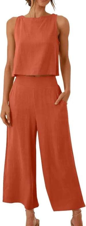 Linen Outfits Women 2 Piece Plus Size Sleeveless CropTank Capri Wide Leg Pant Jumpsuit Lounge Beach Vacation Boho Set
