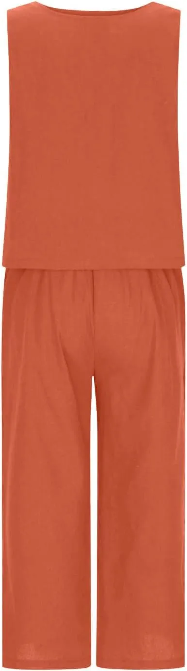 Linen Outfits Women 2 Piece Plus Size Sleeveless CropTank Capri Wide Leg Pant Jumpsuit Lounge Beach Vacation Boho Set
