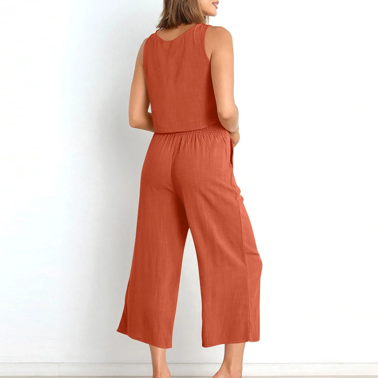 Linen Outfits Women 2 Piece Plus Size Sleeveless CropTank Capri Wide Leg Pant Jumpsuit Lounge Beach Vacation Boho Set