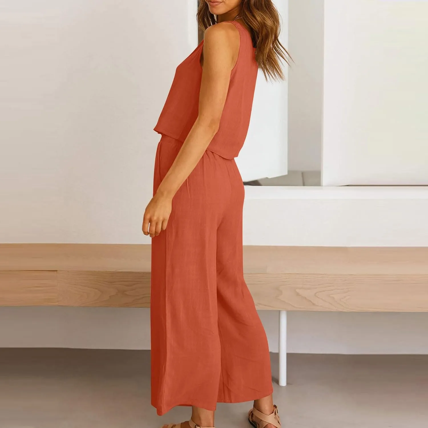 Linen Outfits Women 2 Piece Plus Size Sleeveless CropTank Capri Wide Leg Pant Jumpsuit Lounge Beach Vacation Boho Set