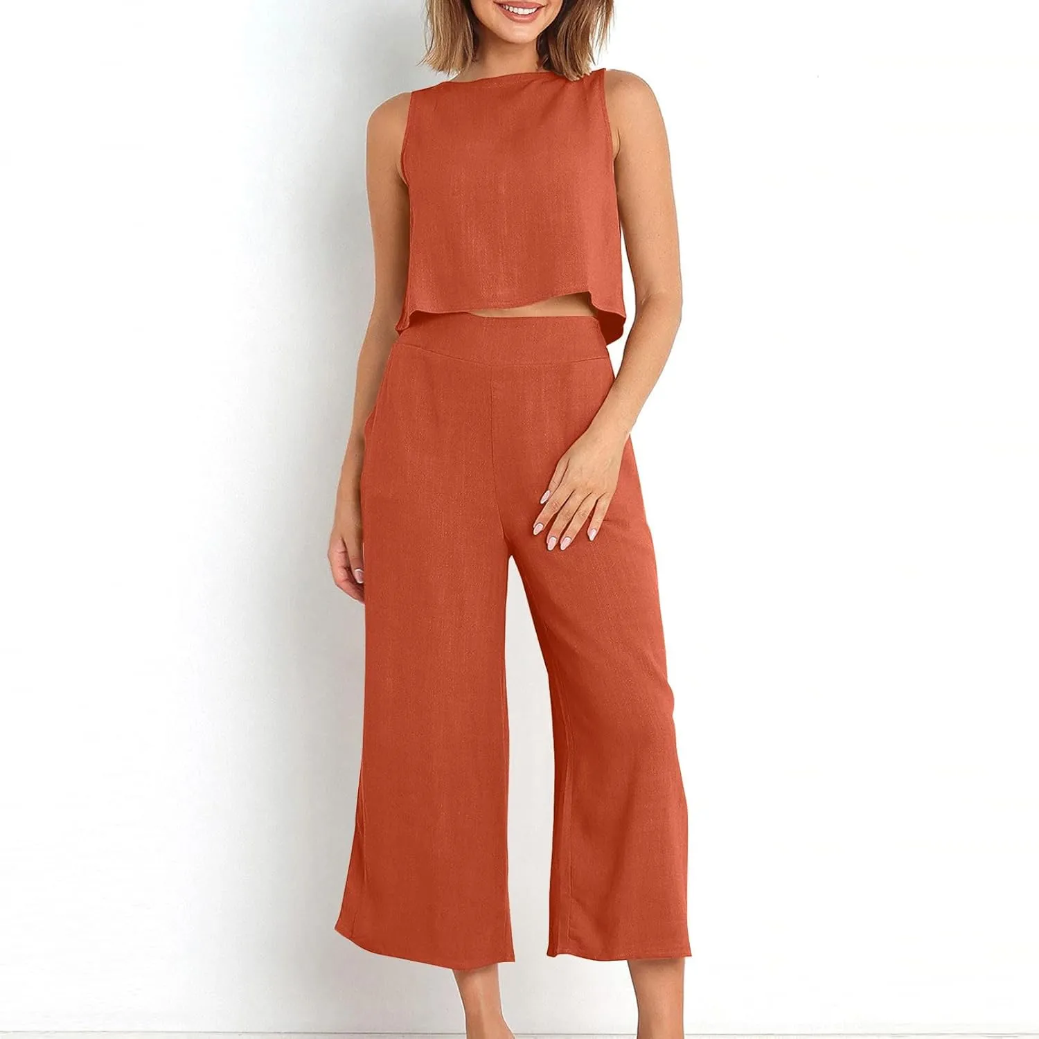 Linen Outfits Women 2 Piece Plus Size Sleeveless CropTank Capri Wide Leg Pant Jumpsuit Lounge Beach Vacation Boho Set