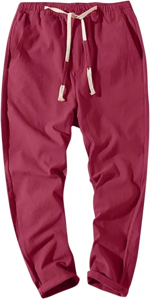 Linen Pants Men Relaxed Fit Drawstring Waist Lounge Pants with Pockets Summer Casual Comfy Big and Tall Work Pants