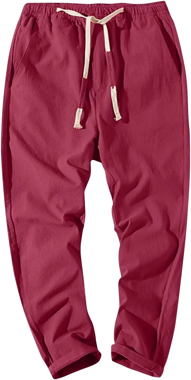 Linen Pants Men Relaxed Fit Drawstring Waist Lounge Pants with Pockets Summer Casual Comfy Big and Tall Work Pants
