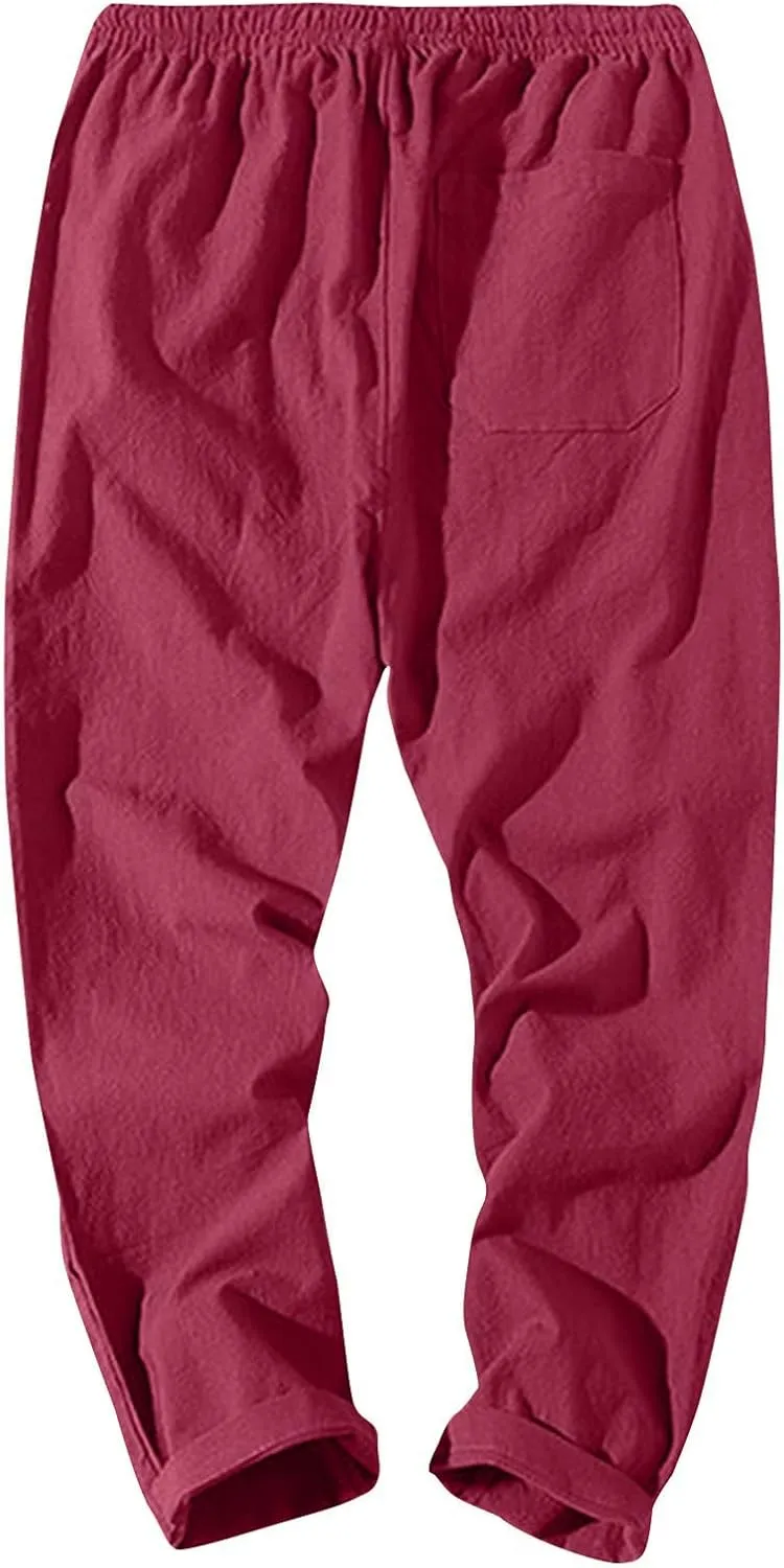 Linen Pants Men Relaxed Fit Drawstring Waist Lounge Pants with Pockets Summer Casual Comfy Big and Tall Work Pants