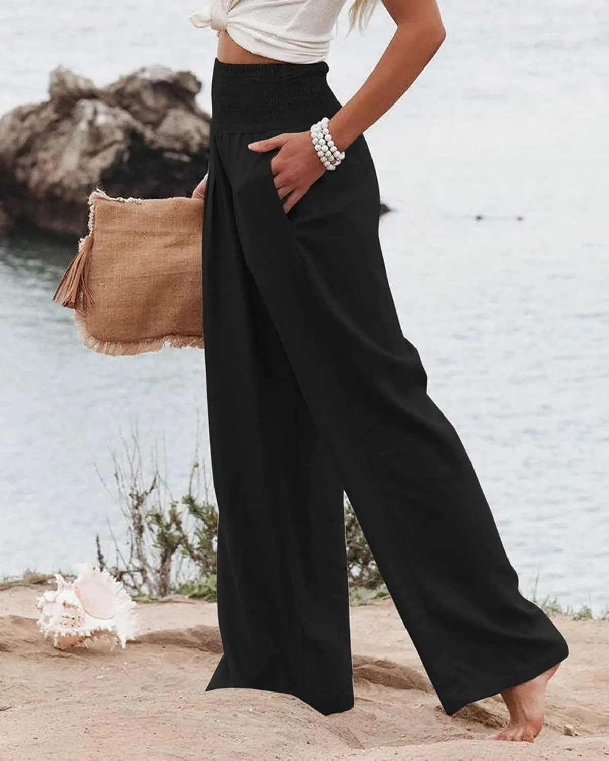 Linen Pants Women Casual High Waisted Wide Leg Pants 2025 Summer Beach Palazzo Pant Vacation Trousers with Pockets