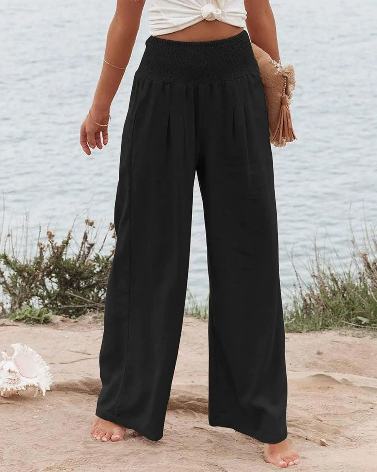 Linen Pants Women Casual High Waisted Wide Leg Pants 2025 Summer Beach Palazzo Pant Vacation Trousers with Pockets