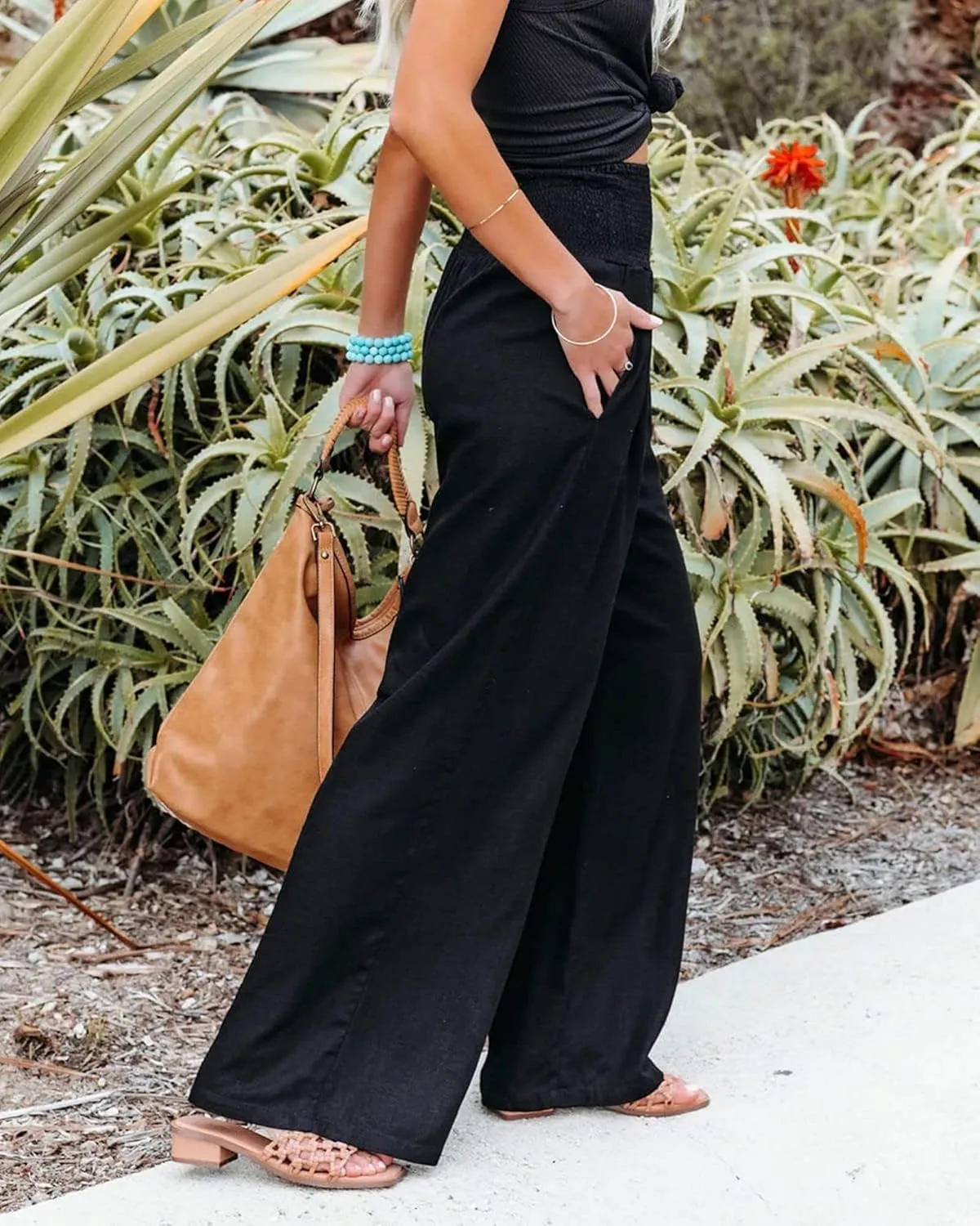 Linen Pants Women Casual High Waisted Wide Leg Pants 2025 Summer Beach Palazzo Pant Vacation Trousers with Pockets