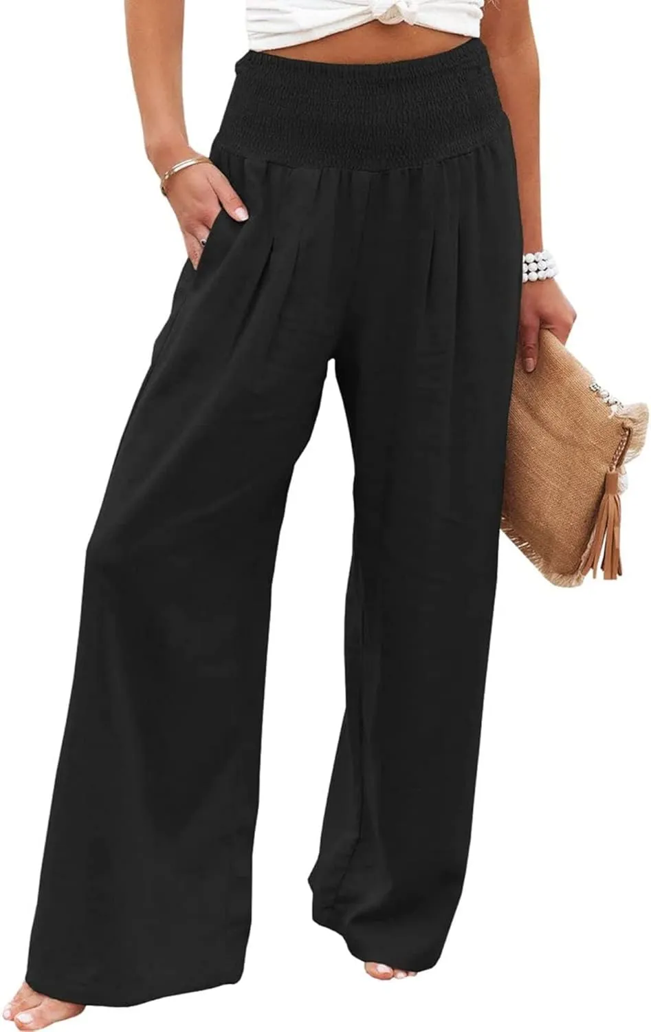 Linen Pants Women Casual High Waisted Wide Leg Pants 2025 Summer Beach Palazzo Pant Vacation Trousers with Pockets
