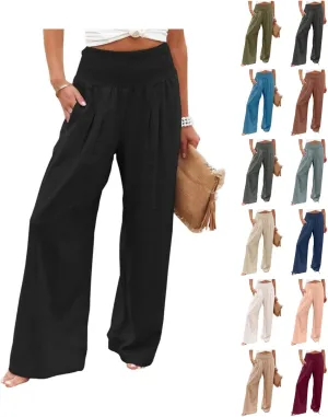 Linen Pants Women Casual High Waisted Wide Leg Pants 2025 Summer Beach Palazzo Pant Vacation Trousers with Pockets