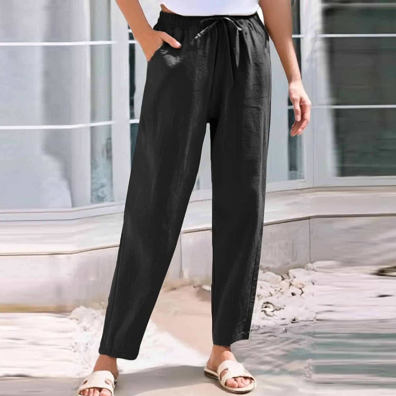 Linen Pants Women Casual Wide Leg Elastic Drawstring Pants Women Comfy Lounge Summer Beach Trousers with Pockets