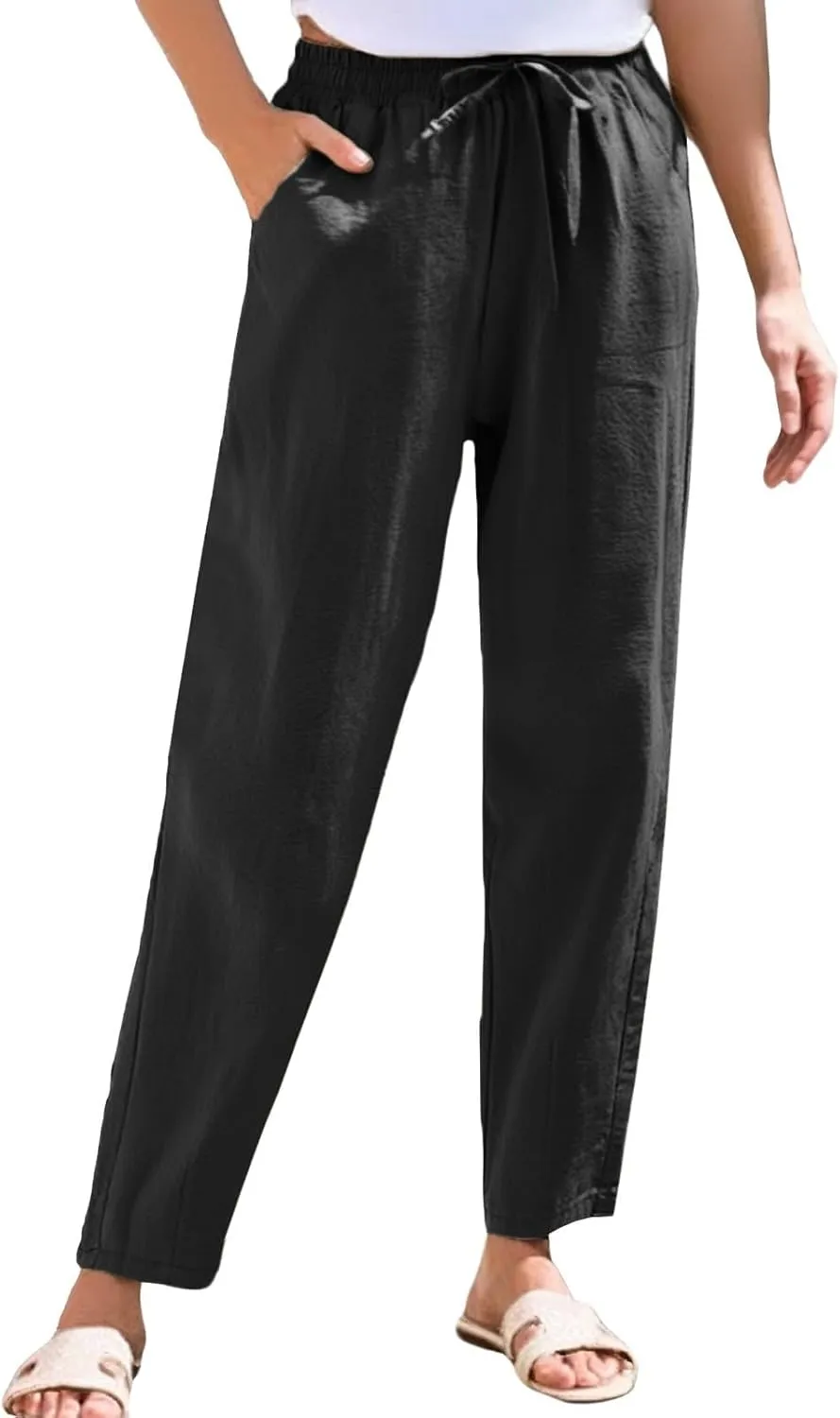 Linen Pants Women Casual Wide Leg Elastic Drawstring Pants Women Comfy Lounge Summer Beach Trousers with Pockets