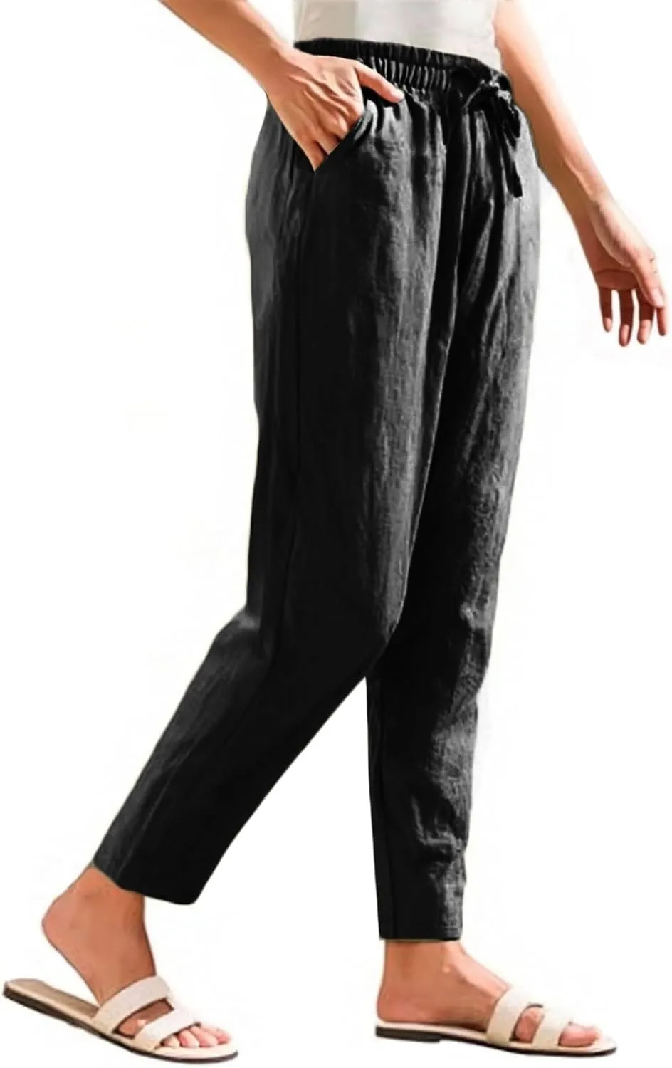Linen Pants Women Casual Wide Leg Elastic Drawstring Pants Women Comfy Lounge Summer Beach Trousers with Pockets