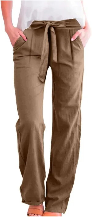 Linen Pants Women Summer Straight Leg High Waisted Work Pants with Pockets Plus Size Elastic Waist Pants Trousers