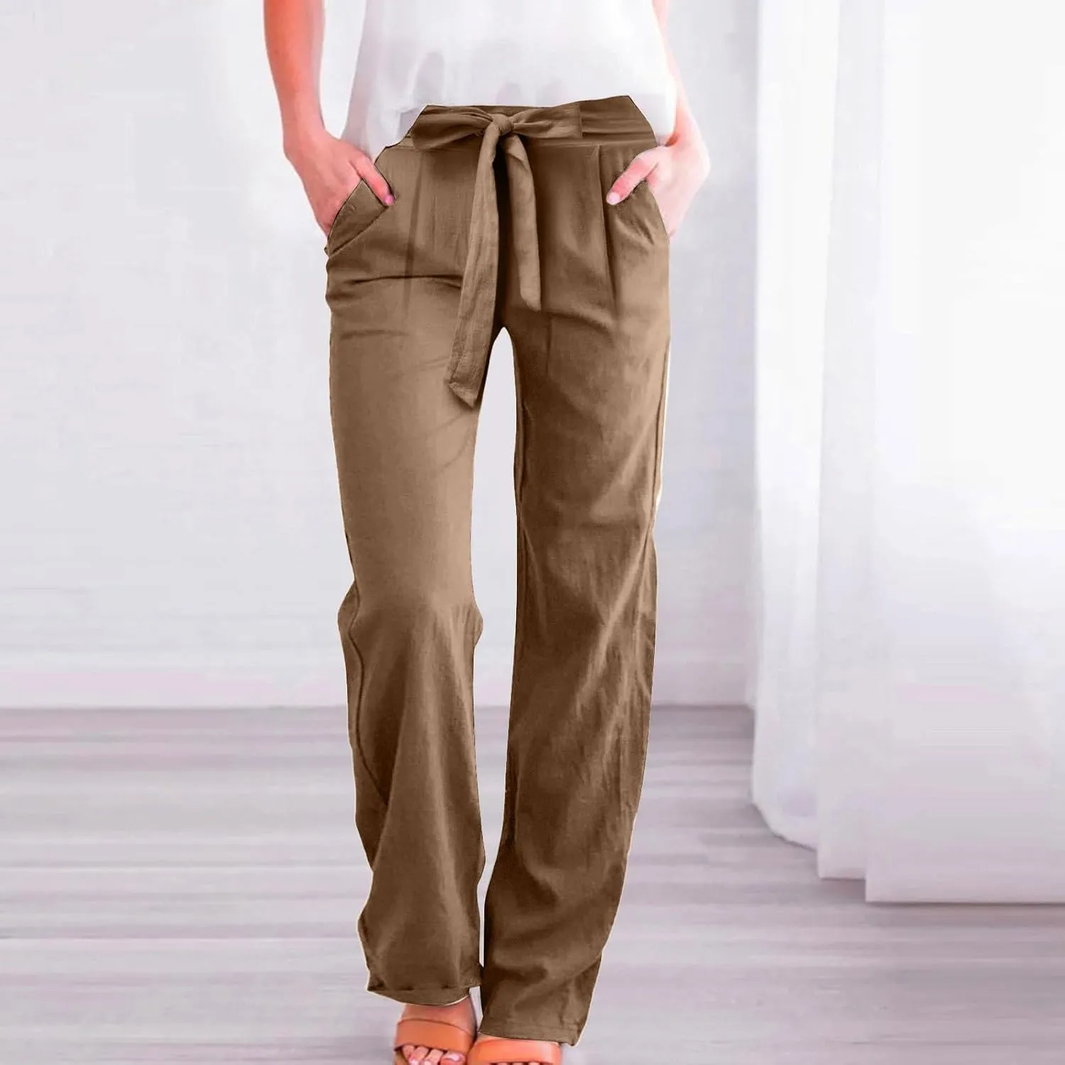 Linen Pants Women Summer Straight Leg High Waisted Work Pants with Pockets Plus Size Elastic Waist Pants Trousers