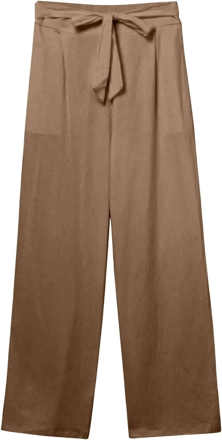 Linen Pants Women Summer Straight Leg High Waisted Work Pants with Pockets Plus Size Elastic Waist Pants Trousers