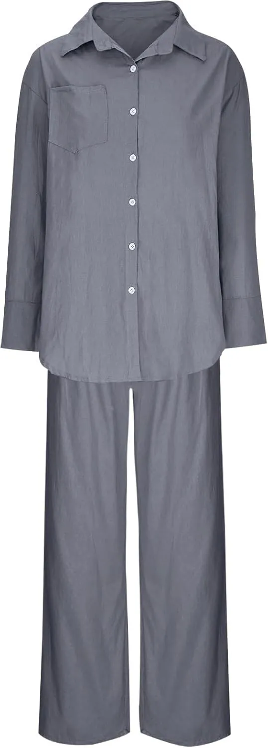 Linen Set for Women Two Piece Outfits Oversized Long Sleeve Button Down Shirts Wide Leg Pants Casual Matching Sets