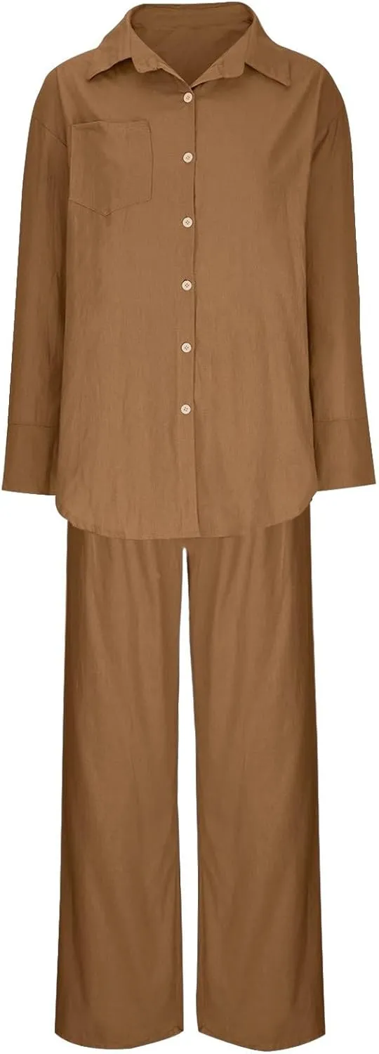 Linen Set for Women Two Piece Outfits Oversized Long Sleeve Button Down Shirts Wide Leg Pants Casual Matching Sets